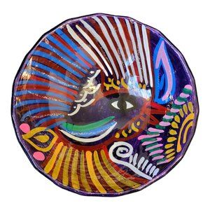 Hand Painted Mexican Pottery Small Footed Salsa Bowl Face Colorful
